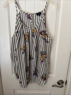 Zenobia White Striped Floral Strap Top - Yellow & Blue Floral Print 3XL